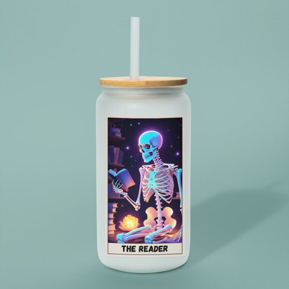 The Reader, Reader Tarot Card Tumbler, Gothic Mug, Iridescent Skeleton Glass Cup - Picture 6 of 7